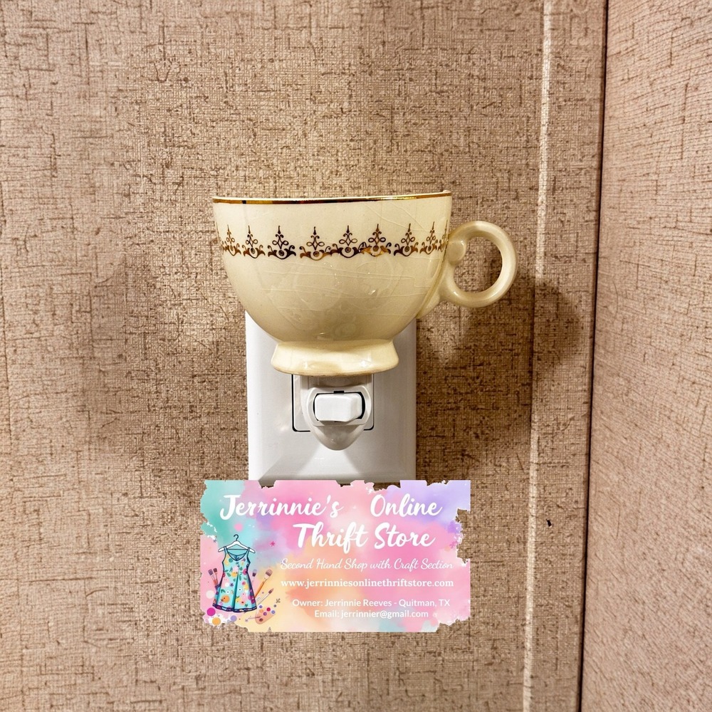 Vintage Teacup Night Light Gold Filigree Cream Cottagecore Decor